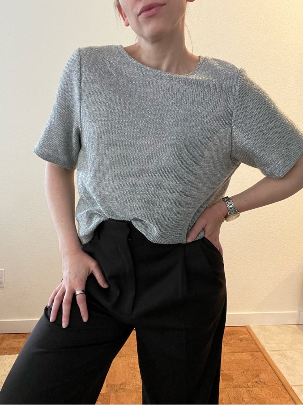 H&M Metallic Silver Short-Sleeve Knit Top